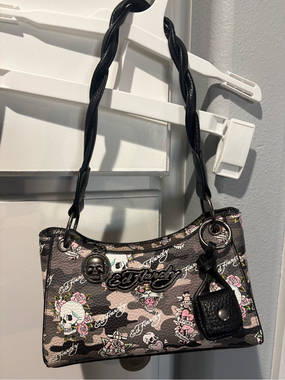 Ed Hardy Black Skull & Floral Braided-Handle Shoulder Bag